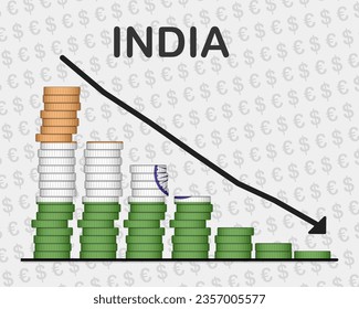 India economic collapse, decreasing values with coins, crisis and downgrade concept, India flag with changes, falling arrow, news banner idea, fail and decrease, financial decline