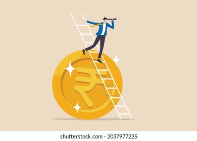 India Economic Or Financial Vision, Investment And Stock Market Forecast Or Business Profit Concept, Smart Businessman Leader Climb Up Ladder On Indian Rupee Money Coin With Telescope Look For Vision.