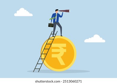 India economic, Intelligent business leader ascends ladder on Indian rupee coin with telescope searching for vision.