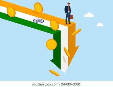 India economy collapse. Economy collapse. Financial instability and stock market crash. Investor falling from stack of unstable money. Vector illustration.