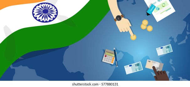 India Economy Fiscal Money Trade Concept Illustration Of Financial Banking Budget With Flag Map And Currency