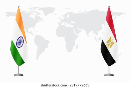 India and Egypt flags for official meeting against background of world map.