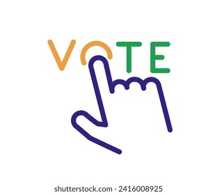 India election voting vector icon: hand pointing to 'O' in 'VOTE' with thin line design, in blue, orange, and green colors, representing Indian voting