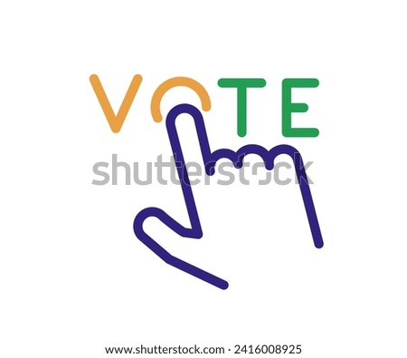 India election voting vector icon: hand pointing to 'O' in 'VOTE' with thin line design, in blue, orange, and green colors, representing Indian voting