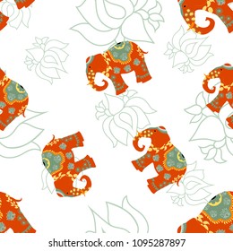 India elephant on indian culture tradition. Hand drawn seamless pattern