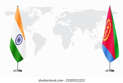 India and Eritrea flags for official meeting against background of world map.