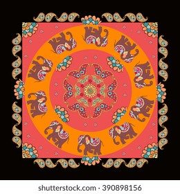 India. Ethnic bandana print with beautiful flowers, paisley and elephants. Summer kerchief square pattern. Mandala.