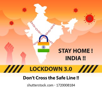 India Extended lockdown to fight with Covid-19 pandemic. Lockdown 3.0 background with corona warrior with protective mask. Stay home stay safe india graphic for website and social media blog post.