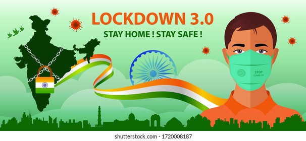 India Extended lockdown to fight with Covid-19 pandemic. Lockdown 3.0 background with corona warrior with protective mask. Stay home stay safe india graphic for website and social media blog post.