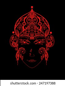 India face, woman red pattern face, spa, goddness on black background