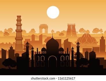 India Famous Landmark Silhouette Style With Row Design On Sunset Time,vector Illustration