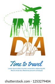 India famous landmark silhouette style inside text,national flag color green and orange design,vector illustration