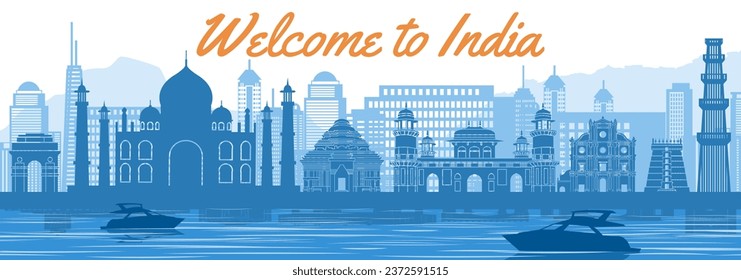 India famous landmark silhouette style behind river and boat and in front of towers,vector illustration