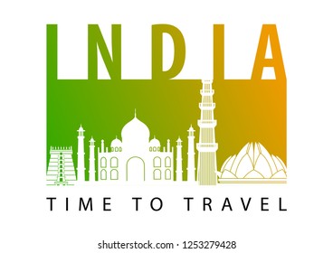 India famous landmark silhouette style,green and orange gradient,vector illustration,flag color design