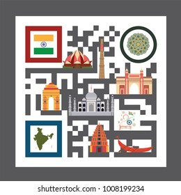 India Famous Landmarks with QR Code Style Design vector.