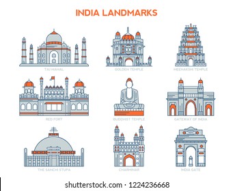 India famous monument icons, Travel and Tourist Attraction, Vector illustration