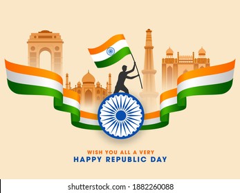 India Famous Monuments With Silhouette Man Holding Indian Flag, Ashoka Wheel And Tricolor Wavy Ribbon For Republic Day Concept.