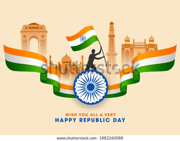India Famous Monuments With Silhouette Man\
Holding Indian Flag, Ashoka Wheel And Tricolor Wavy Ribbon For\
Republic Day Concept.