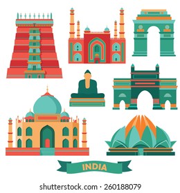 India Famous Monuments. Vector Illustration