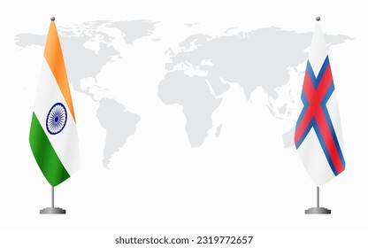 India and Faroe Islands flags for official meeting against background of world map.