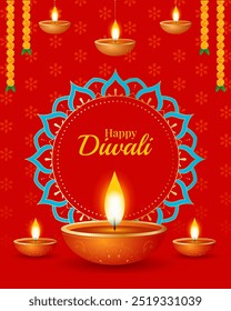 India festival happy diwali celebration greeting card, background, poster, flyer, vector illustration