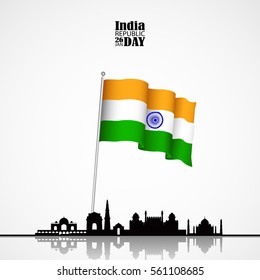 India flag 3D isolated with Skyline and Architectural Buildings on white background