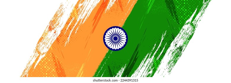 India Flag Background with Brush Style and Halftone Effect. Indian Tricolor National Flag Illustration with Grunge Concept