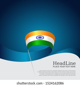 India flag background. Wavy ribbon colors flag of india on blue white background. National poster. Vector design. State indian patriotic banner, cover, flyer