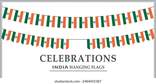 India flag buntings. Set of Patriotic hanging flags. India Flags With Rope. Social media post or template. Bunting decoration of India flag isolated on white background. IND vector flag.