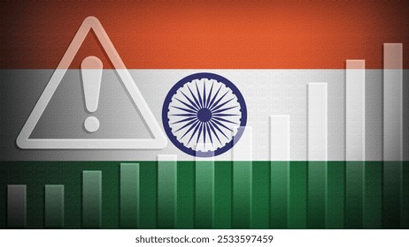 India flag with burlap texture, warning sign, and rising bar chart symbolizing increasing risk or growth challenges in the country. Ideal for data presentations.