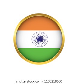 India flag button, Golden on a white background,flag of India Round badge or icon isolated. Vector illustration.