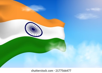 India flag in the clouds. Vector flag waving in the sky. National day realistic flag illustration. Blue sky vector.