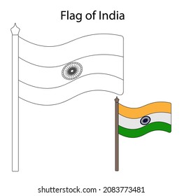 India flag. Color the flag according to the suggested example. Vector illustration. Coloring book for children. Three stripes and a spoked wheel on fabric. The national symbol of the state. Political 