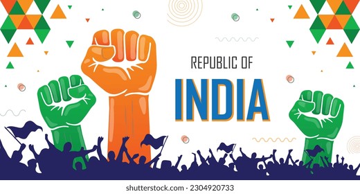 India flag color combination patriot banner, raised fist, human hands, cheering people, celebrate, green and orange geometric abstract background design, strike, parade, riot, protest or rally