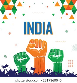 India flag color combination patriot banner, raised fist, human hands, cheering people, celebrate, green and orange geometric abstract background design, strike, parade, riot, protest or rally