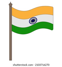 India flag. Colored vector illustration. Cloth fabric with a wheel. Republic of India. The national symbol of the state develops in the wind. Cartoon style. Isolated white background. Political topics