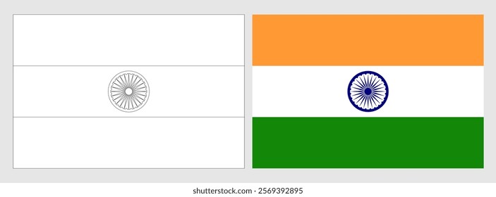 India flag - coloring page. Set of white wireframe thin black outline flag and original colored flag.