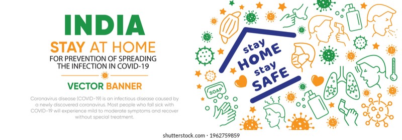 India Flag With Coronavirus Symbols, (2019-nCoV) Vector Design Illustration. Covid-19 background. Coronaviruses Outbreak in India. Warning Sign for Coronavirus Infections Stay Home Save Lives Template