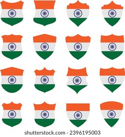 India flag - flat collection Badges. Flags of different shaped sixteen flat icons. Vector illustration set. 