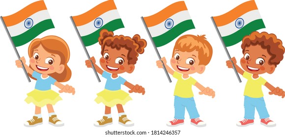 India flag in hand. Children holding flag. National flag of India vector