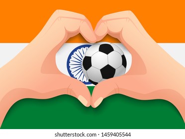 India flag and hand heart shape. National football background. Soccer ball with flag of India vector illustration