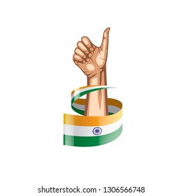 India flag and hand on white background. Vector illustration