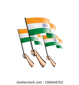 India flag and hand on white background. Vector illustration