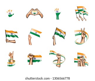 Indische Flagge und Hand auf weißem Hintergrund. Vektorillustration