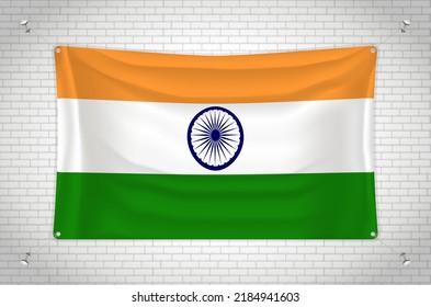 India flag hanging on brick wall. 3D drawing. Flag attached to the wall. Neatly drawing in groups on separate layers for easy editing.