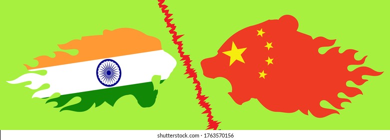 India flag in head of tiger shape and China flag in head of panda shape on green color  background.
