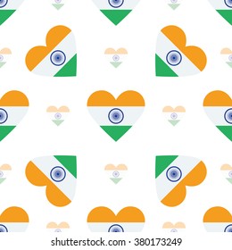 India flag heart seamless pattern. Patriotic India flag background. Country flag in the shape of heart. Vector seamless pattern.