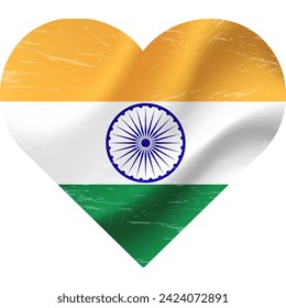 Bandera de la India en forma de corazón grunge vintage. Corazón de la bandera india. Bandera del vector, símbolo.