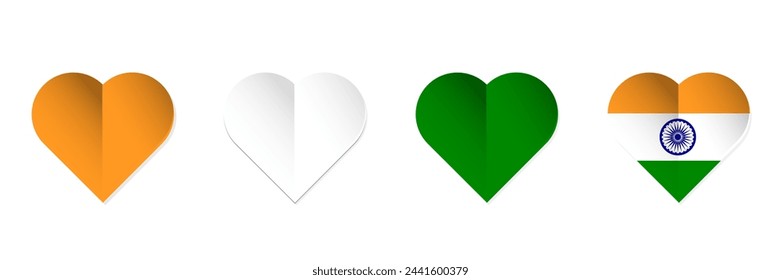 India flag in heart shape. Set of hearts with Indian flag colors. Vector illustration isolated on white background.