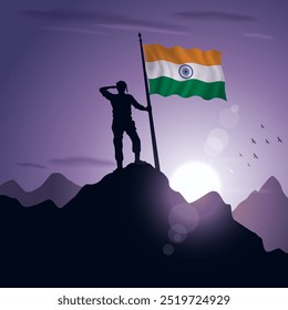 India Flag hoisted on a mountain peak with a purplish sunset in the background, vector illustration